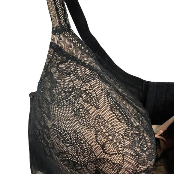 Cacique Black Modern Lace Covered LL BALC Nude Lined Underwire Bra Floral 44DDD - Picture 4 of 16